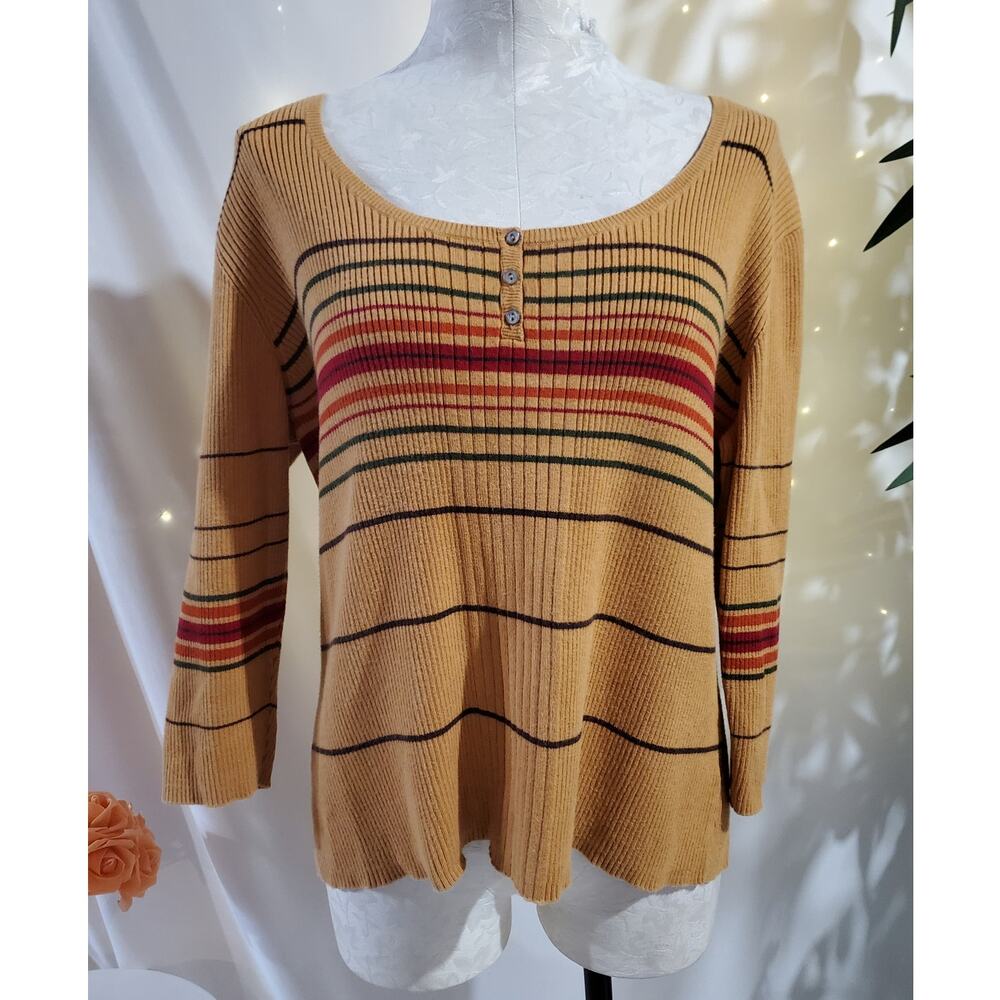 Vtg St Johns Bay Y2K Striped Ribbed Shell Button Henley Sweater Size XL Retro